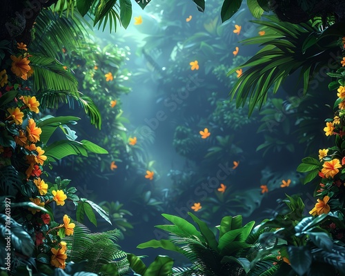 The rainforest bursts with the activity of exotic animals, each leaf and vine meticulously crafted to create a canopy of adventure, In this vivid 3D illustration