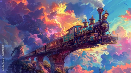 A colorful steam train with an ornate front car is flying through the sky, crossing over a bridge in a dramatic fantasy art style with a cartoon realism effect, in a colorful landscape background photo