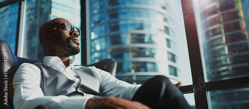 Confident serious focused stylish rich african black man sitting in chair at home looking away through window dreaming thinking of success, leadership, business vision, planning future in luxury life.