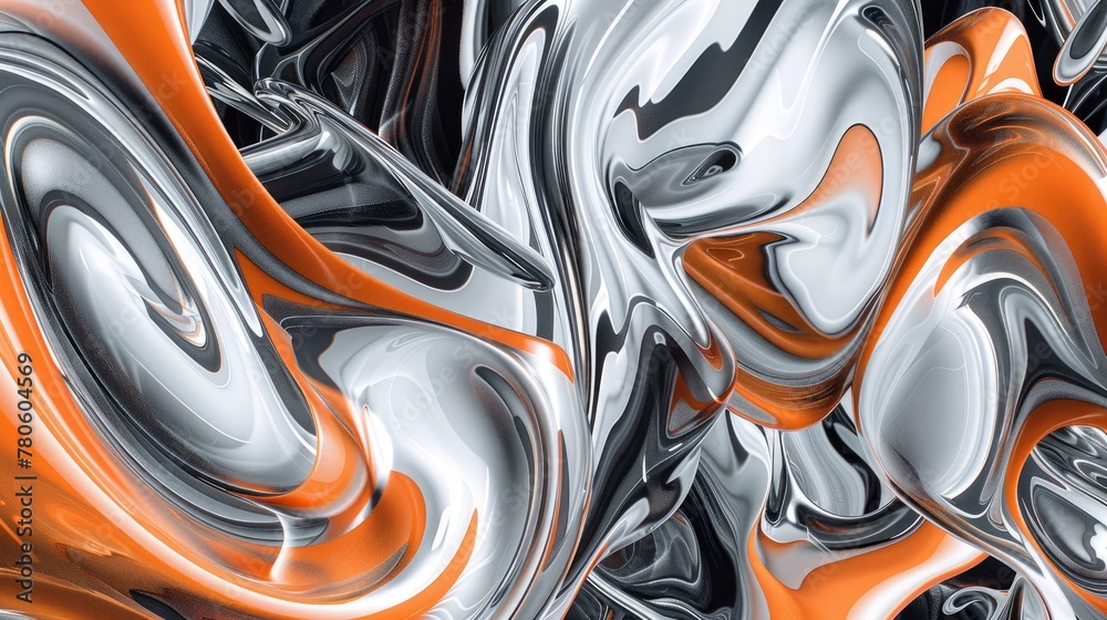 A digital art piece featuring an abstract pattern of swirling silver and orange liquid, creating a mesmerizing visual effect with its dynamic shapes and fluid lines