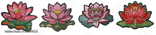 Lotus flower embroidered patch badge set on transparent background 