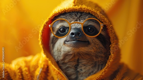Happy sloth in Brown hoddie with sunglasses - Generative Ai photo