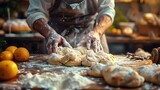 Skilled chef preparing dough for pizza rolling with hands while working in a pizza place. The process of making pizza.Focus on a man hands. - Generative Ai
