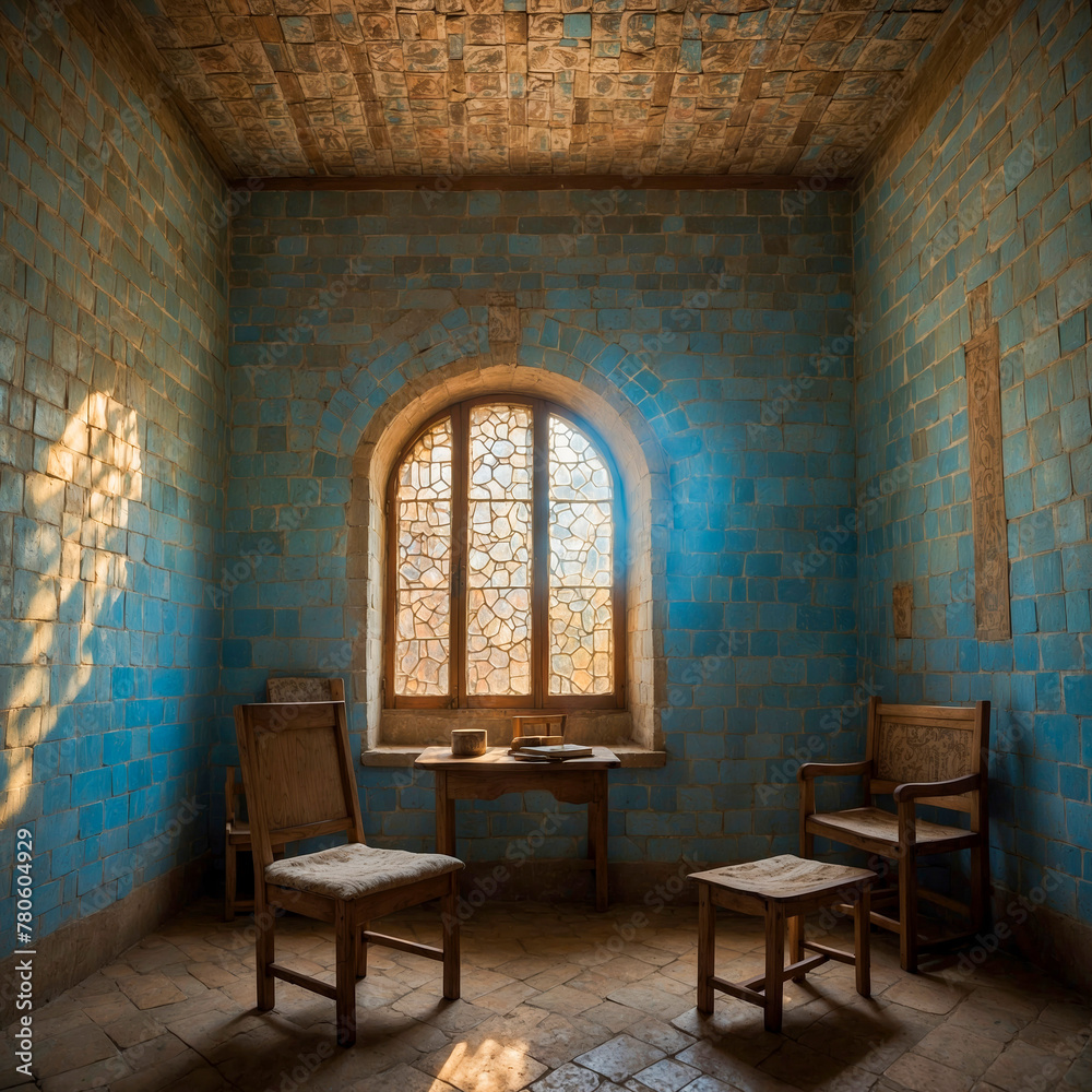 Ancient Biblical Heritage: Humble Room with Arched Window and Simple Wooden Furniture.