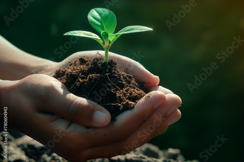 Deux mains vues de côté tenant une plantule placée dans une motte de terre devant un arrière-plan flou symbolisant l'écologie et le développement durable.