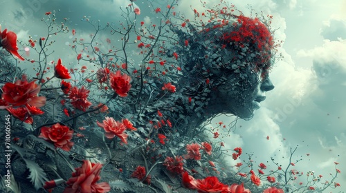 Intriguing digital artwork blending reality and fantasy, portraying a surreal scene of blossoming flowers and shattered human sculptures, symbolizing the enduring power of life and hope.