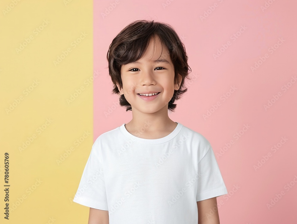 Smiling Asian kid in a white tee, pastel background, perfect for children's wear in a t-shirt shop display. Smiling Asian kid in a white tee, pastel background, perfect for children's wear in a t-shirt shop display.