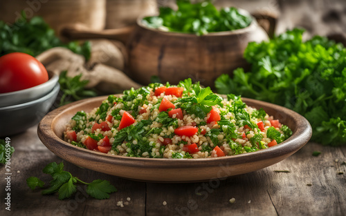 Lebanese tabbouleh, fresh parsley, mint, closeup, bright, airy kitchen setting