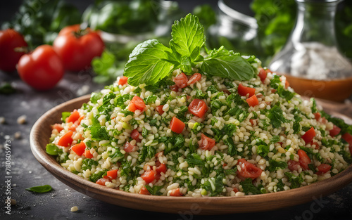 Lebanese tabbouleh, fresh parsley, mint, closeup, bright, airy kitchen setting