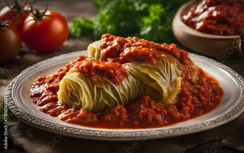 Polish golabki (cabbage rolls), meat filling, tomato sauce, traditional plate, soft backlight photo