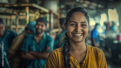 A photo of a smiling young woman and group of workers in a factory