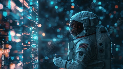 Futuristic astronaut exploring digital ruins, holographic history, mysterious background ,3DCG,clean sharp focus