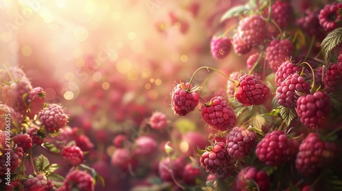 A bunch of raspberries are growing in a field, AI