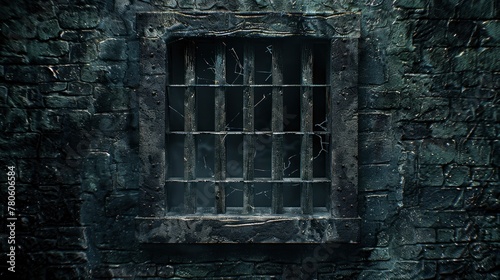 A photograph of an old prison cell window with bars on the outside, on top and below, in the style of ancient Roman architecture, taken from street level