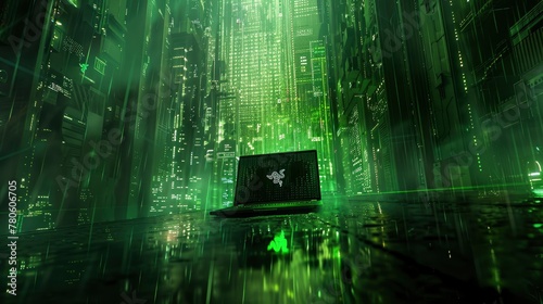 A Razer laptop with the logo on it, surrounded by green light beams and glowing data streams photo