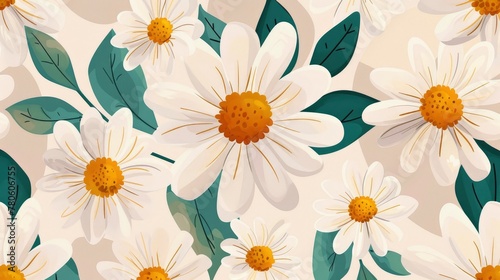 A seamless pattern of white daisies with yellow centers and green leaves in a flat illustration