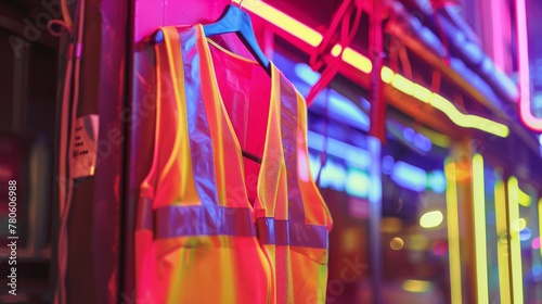 Vibrant neon safety vest hanging against a dynamic, colorful urban backdrop no dust