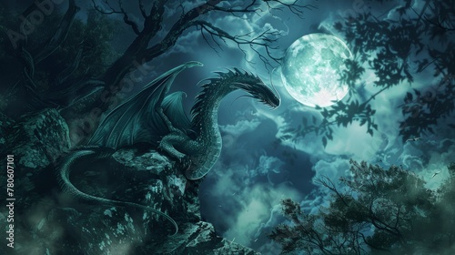 Under the moons eerie glow, a Basilisks gaze sweeps across the land, its serpentine form a shadow among shadows, whispering forbidden secrets no splash