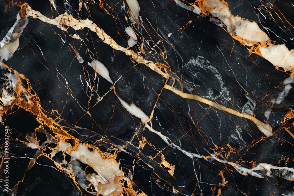 Closeup of black and gold marble texture, resembling natural rock pattern