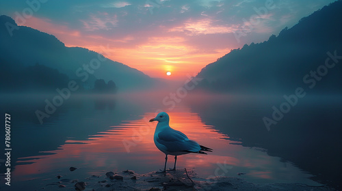 Seagull admiring the view of the sun over a lake in gorgeous outdoor surroundings.