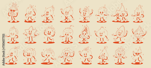 Retro groovy fruit characters. Big collection of funky happy mascots with happy smiling face.