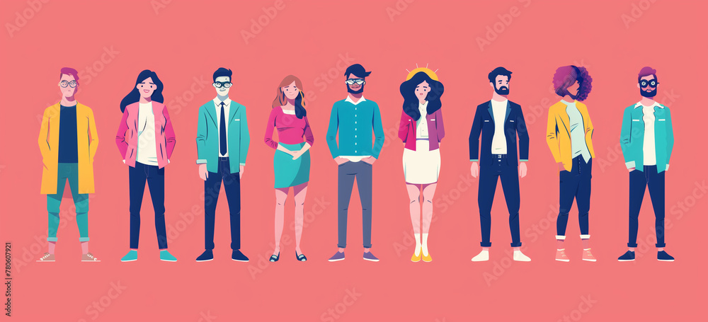 An illustration banner image of diverse group of people standing in line flat design with a pink background.