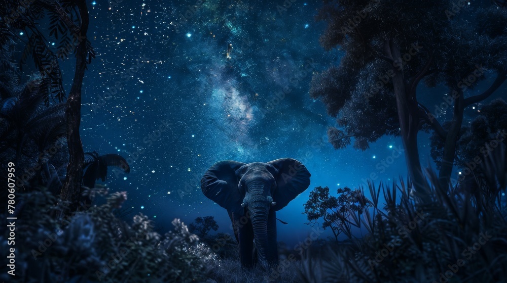 The night whispers secrets to the elephant under the starry sky, leaves rustling as if sharing tales of dreams untold hyper realistic - obrazy, fototapety, plakaty 