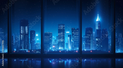 blue color silhouette of city skyline, Cityscape with light from window background in flat icon design.