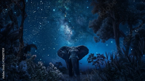 The night whispers secrets to the elephant under the starry sky, leaves rustling as if sharing tales of dreams untold hyper realistic photo