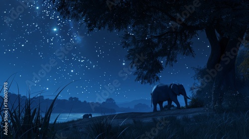 The night whispers secrets to the elephant under the starry sky, leaves rustling as if sharing tales of dreams untold hyper realistic