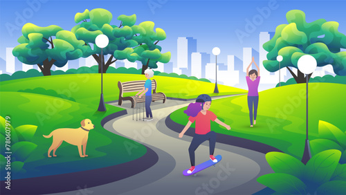 Outdoor scene in a city park. An old woman walks on a walker, a woman does yoga, a child rides a skateboard. Outdoor activity in cartoon style.