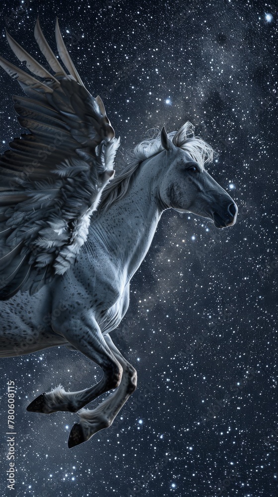 The Pegasus, a majestic wind whisperer, spreads its wings wide, ascending into a starry sky, its mane aglow with the light of countless stars hyper realistic
