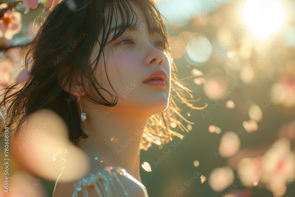 Fototapeta premium アジア人の女の子(日本人、春、美容、夏、ファッション、青春、学生、若い、紅葉、広告、写真、生成AI) Generative AI 