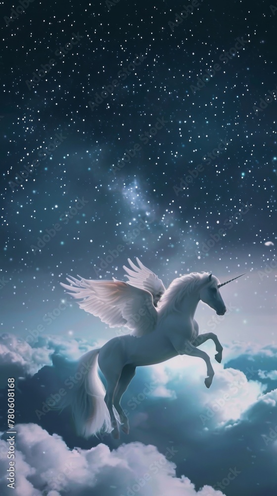 Fototapeta premium The Pegasus, a celestial navigator, flies toward the horizon where stars touch the earth, its starlit mane a beacon for the winds whispered secrets low noise