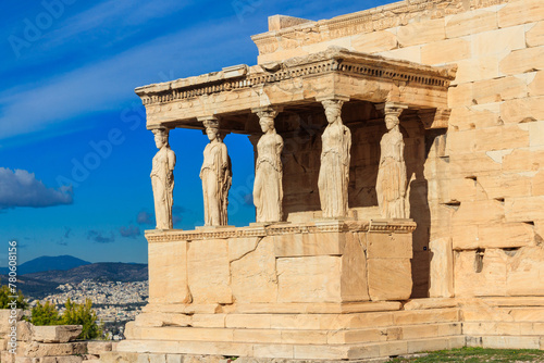The Caryatid porch of Erechtheion (Erechtheum) or Temple of Athena Polias is an ancient Greek Ionic temple on the north side of the Acropolis in Athens, Greece photo