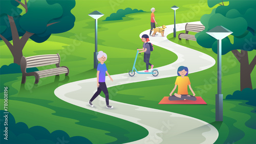 Exercising in the park in cartoon style. People doing yoga, walking, riding a scooter, walking the dog.