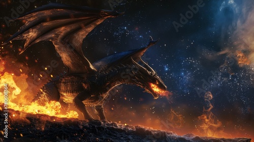 The night sky alights as a dragon, mythical in its majesty, breathes flame into the air, its scaled wings casting tales of magic across the lands low noise photo