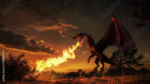 The night sky alights as a dragon, mythical in its majesty, breathes flame into the air, its scaled wings casting tales of magic across the lands low noise photo
