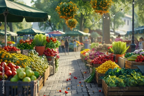 Outdoor farmers market in summer, stands of fresh produce, flowers, lively interaction, essence of vibrant seasonal living 3D rendering