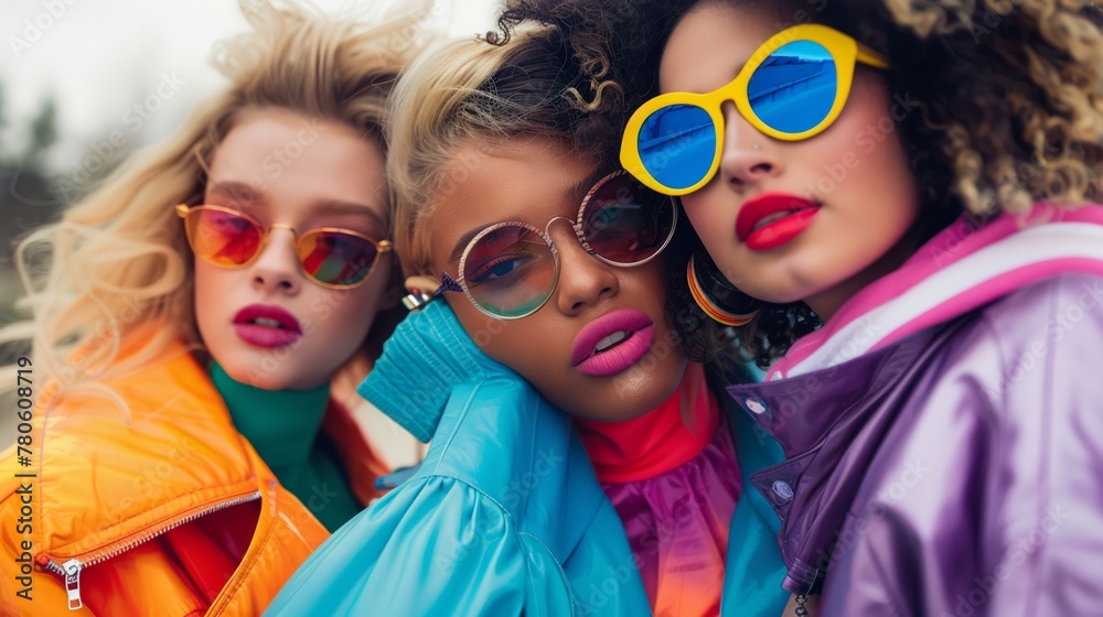 Street style photoshoot, Gen Z models in 90s inspired candycolored attire, urban setting, dynamic and youthful retro flair close-up Street style photoshoot, Gen Z models in 90s inspired candycolored attire, urban setting, dynamic and youthful retro flair close-up