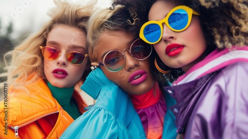 Street style photoshoot, Gen Z models in 90s inspired candycolored attire, urban setting, dynamic and youthful retro flair close-up photo