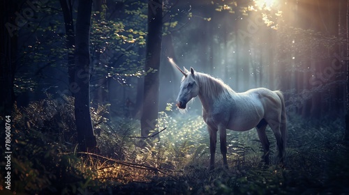 The enchanted forest comes alive at night  lit by the sparkling horn of a mystical unicorn  wandering through glades filled with ancient magic no splash