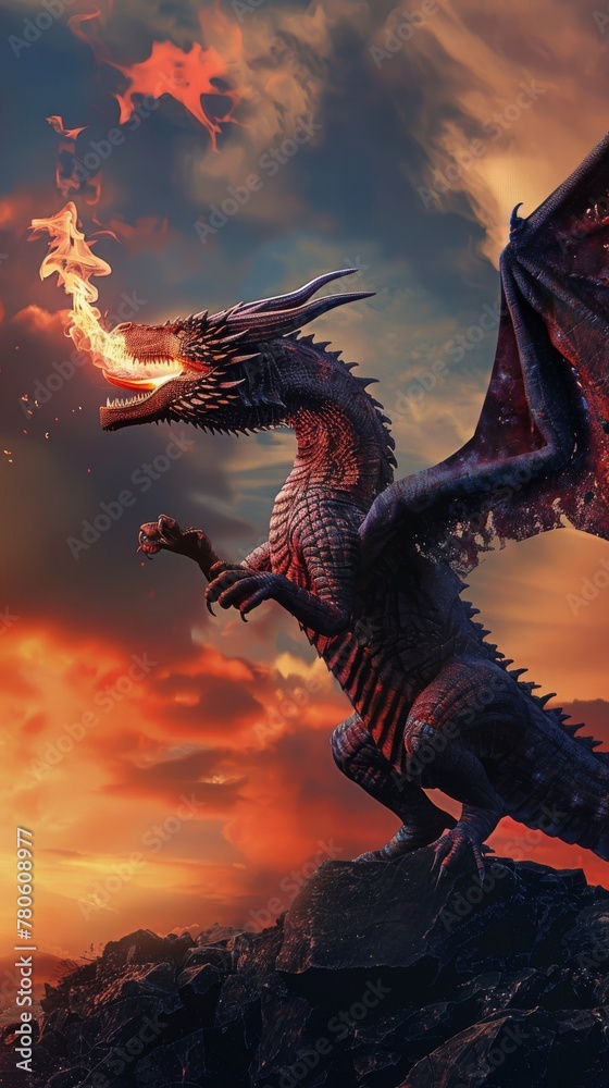 The dragon, a mythical creature of power, breathes out a plume of flame ...
