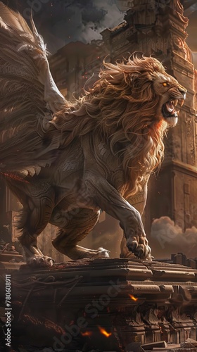 The Chimera, with a gaze as fierce as fire, roams the shadowed ruins, its form a blend of myth and mystery from an ageless past low texture