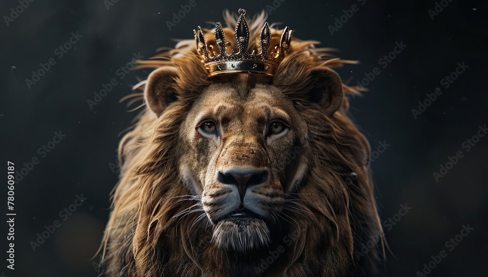 Majestic lion with golden crown against dark background exudes regal power