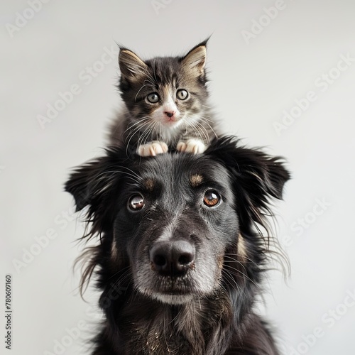 Happy Dog with Kitten on Head Enjoying Playful Companionship Together