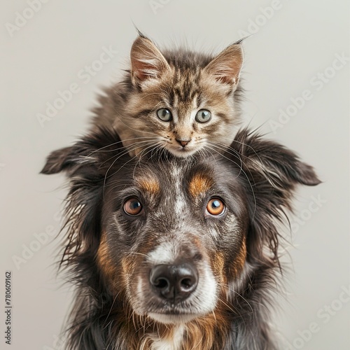 Happy Dog with Kitten on Head Enjoying Playful Companionship Together