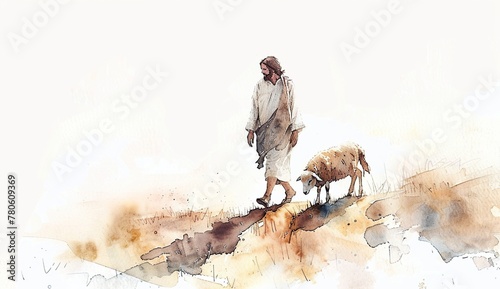Spiritual watercolor painting of Jesus and a lamb