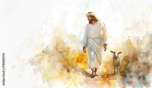 Spiritual watercolor painting of Jesus and a lamb