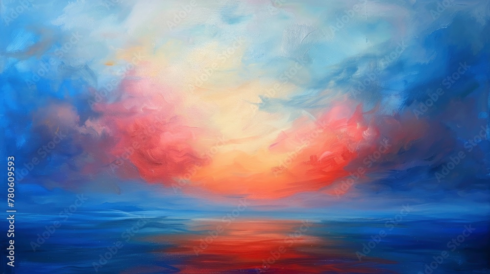 Abstract landscape with a blue and red sky, clouds, and sea. The oil painting features thick brush strokes